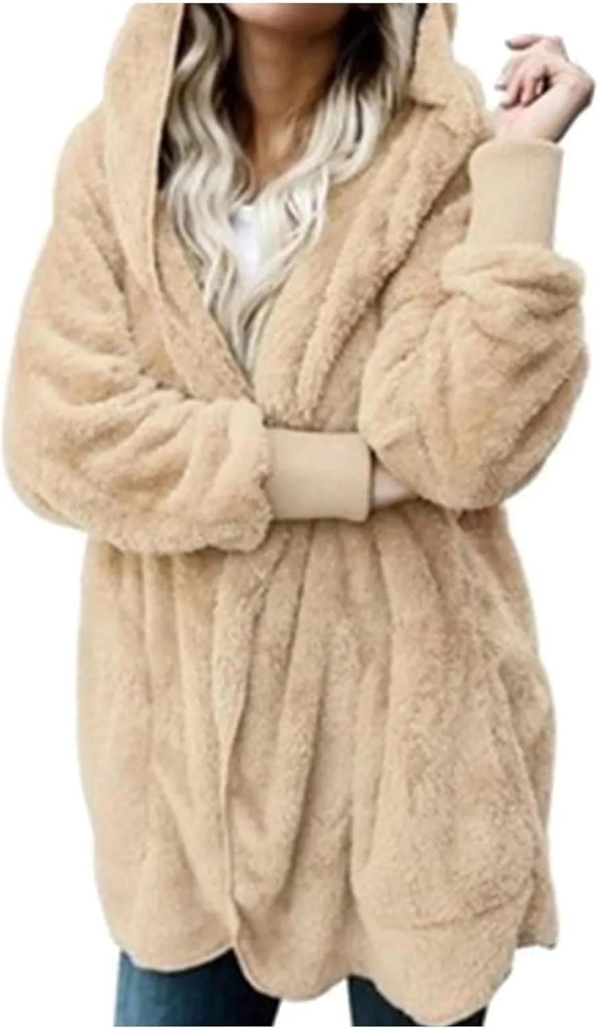 Womens Winter Coats Baggy Comfy Shaggy Sherpa Jacket Oversized Fleece Outwear Casual Open Front Cardigan fith Pockets