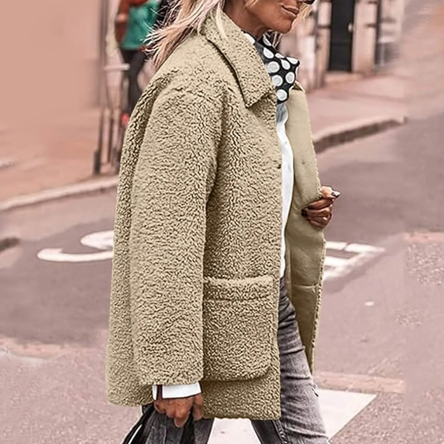 Womens Winter Coats Lapel Long Sleeve Button Fuzzy Sherpa Jacket Shaggy Faux Fur Coat Warm Fleece Jacket w/Pockets