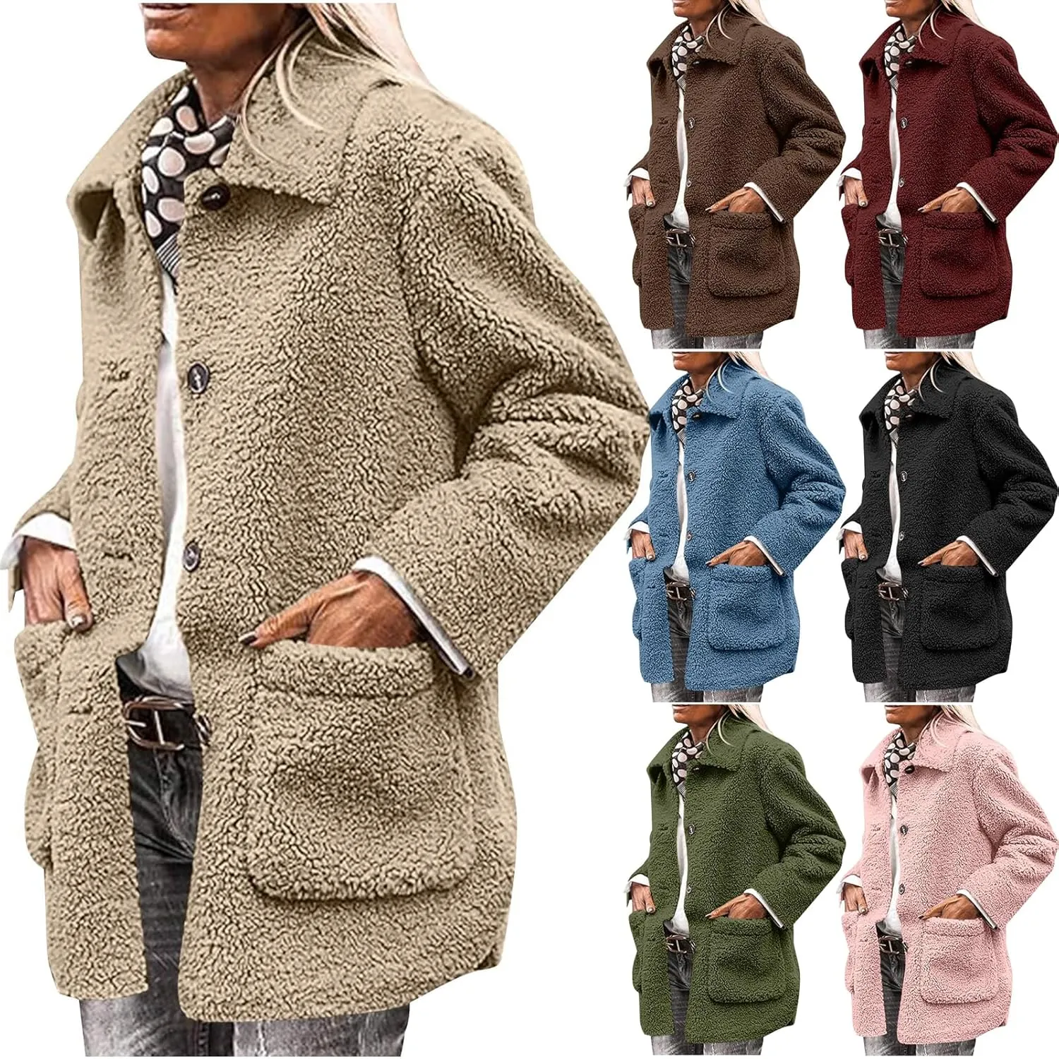 Womens Winter Coats Lapel Long Sleeve Button Fuzzy Sherpa Jacket Shaggy Faux Fur Coat Warm Fleece Jacket w/Pockets