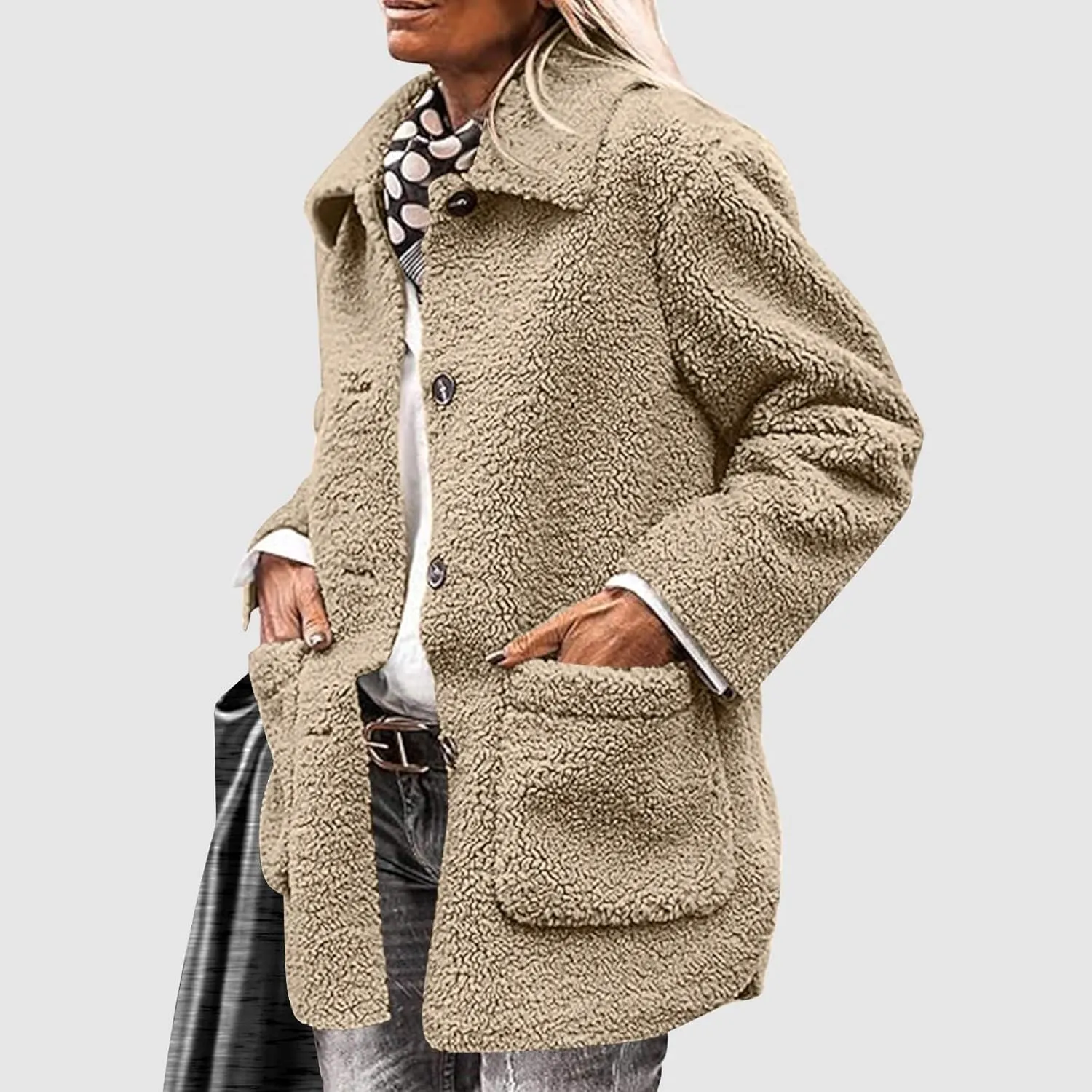 Womens Winter Coats Lapel Long Sleeve Button Fuzzy Sherpa Jacket Shaggy Faux Fur Coat Warm Fleece Jacket w/Pockets