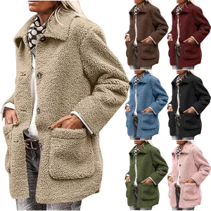 Womens Winter Coats Lapel Long Sleeve Button Fuzzy Sherpa Jacket Shaggy Faux Fur Coat Warm Fleece Jacket w/Pockets