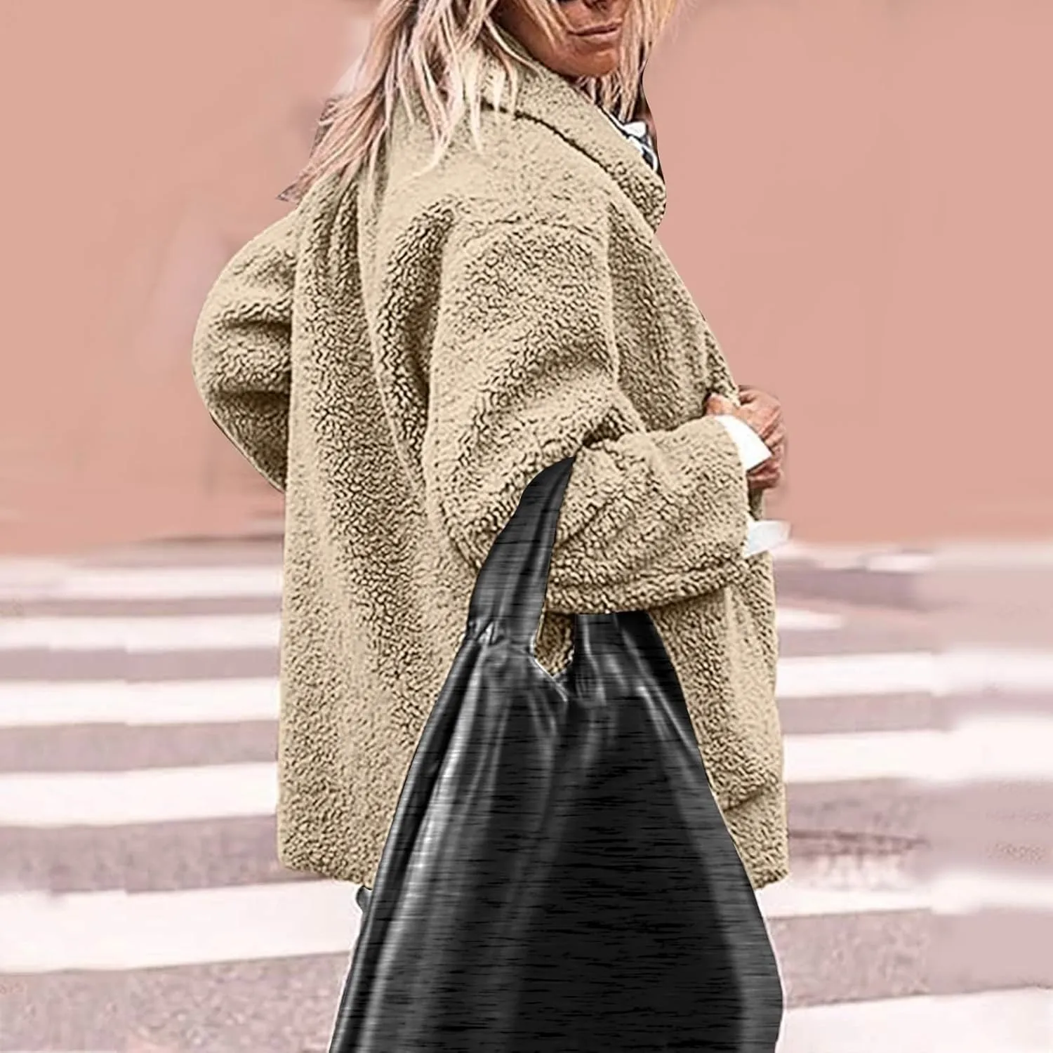 Womens Winter Coats Lapel Long Sleeve Button Fuzzy Sherpa Jacket Shaggy Faux Fur Coat Warm Fleece Jacket w/Pockets