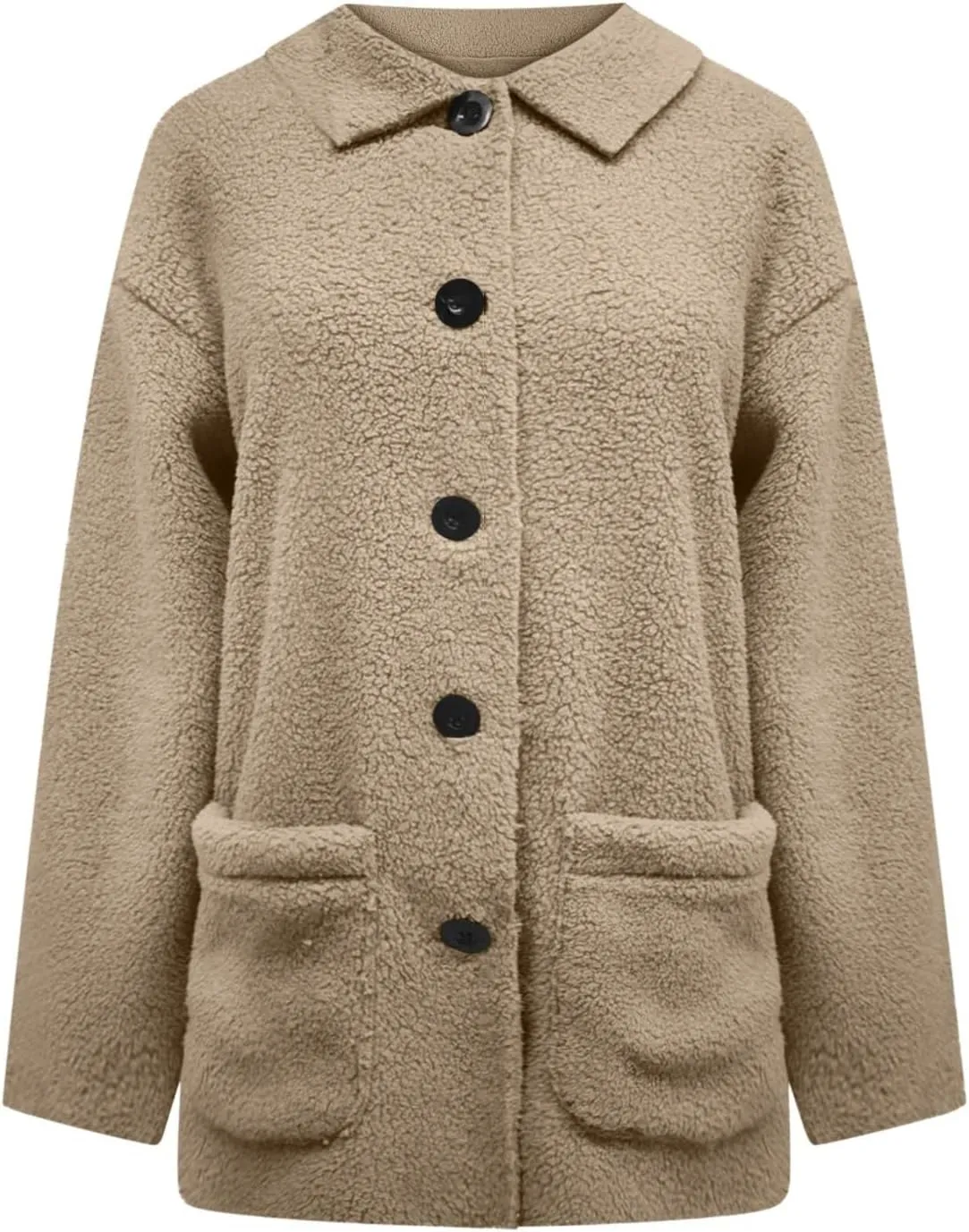 Womens Winter Coats Lapel Long Sleeve Button Fuzzy Sherpa Jacket Shaggy Faux Fur Coat Warm Fleece Jacket w/Pockets
