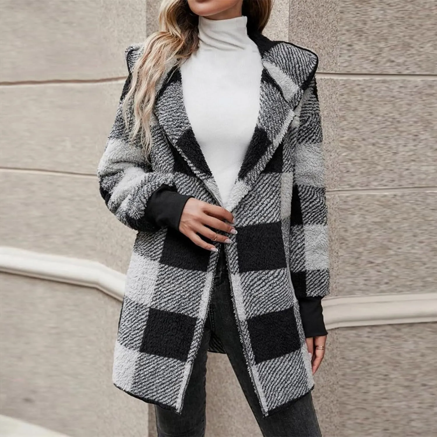 Womens Winter Coats Warm Plush Jackets Open Front Long Sleeve Cardigan Trendy Plaid Fuzzy Outerwear