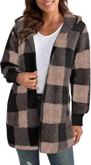 Womens Winter Coats Warm Plush Jackets Open Front Long Sleeve Cardigan Trendy Plaid Fuzzy Outerwear