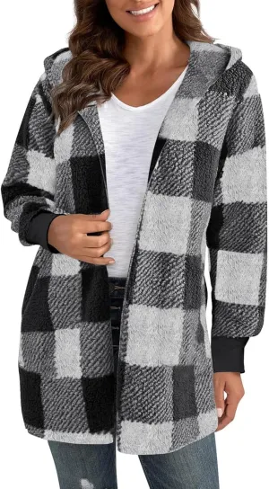 Womens Winter Coats Warm Plush Jackets Open Front Long Sleeve Cardigan Trendy Plaid Fuzzy Outerwear