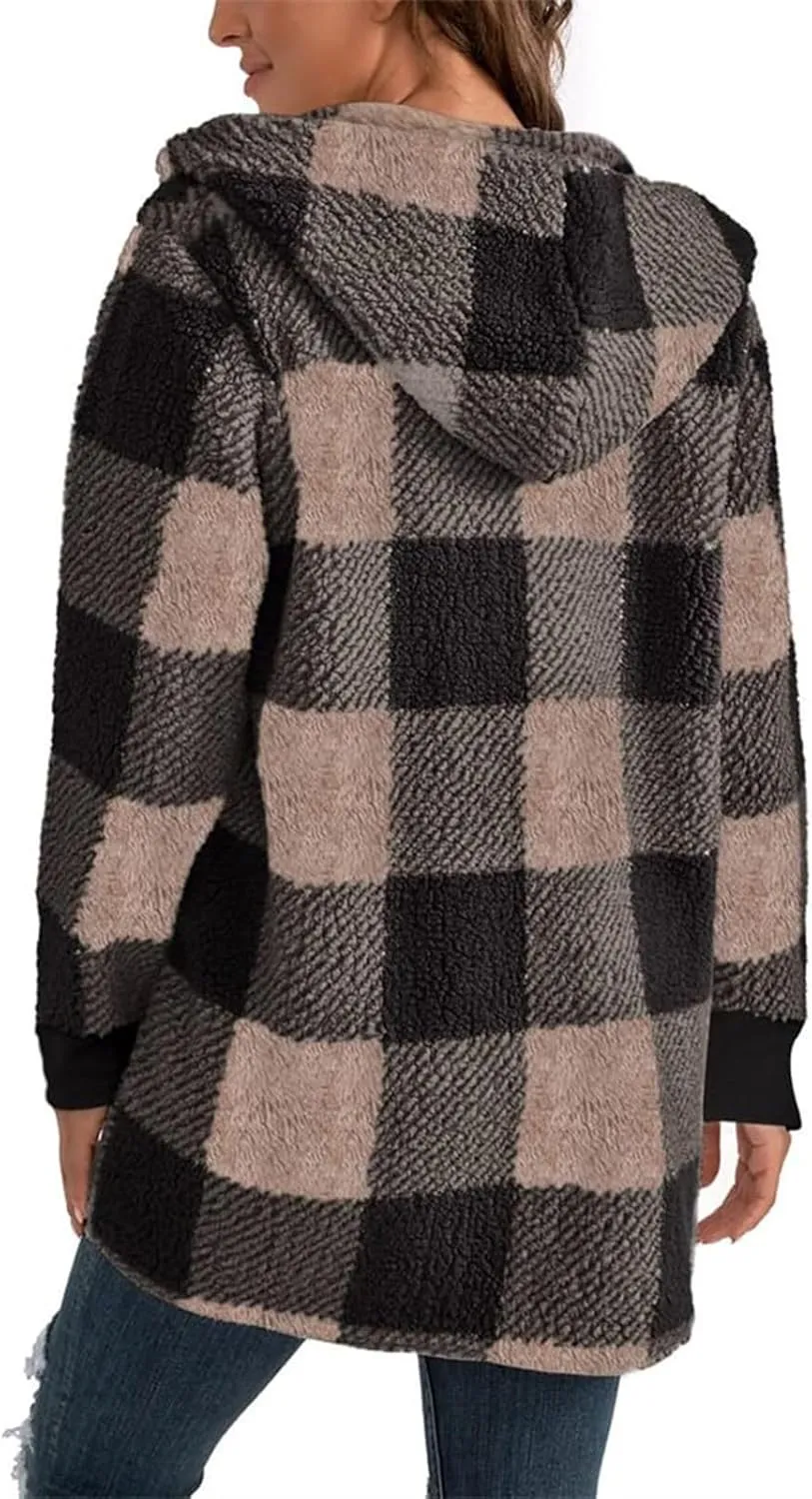 Womens Winter Coats Warm Plush Jackets Open Front Long Sleeve Cardigan Trendy Plaid Fuzzy Outerwear