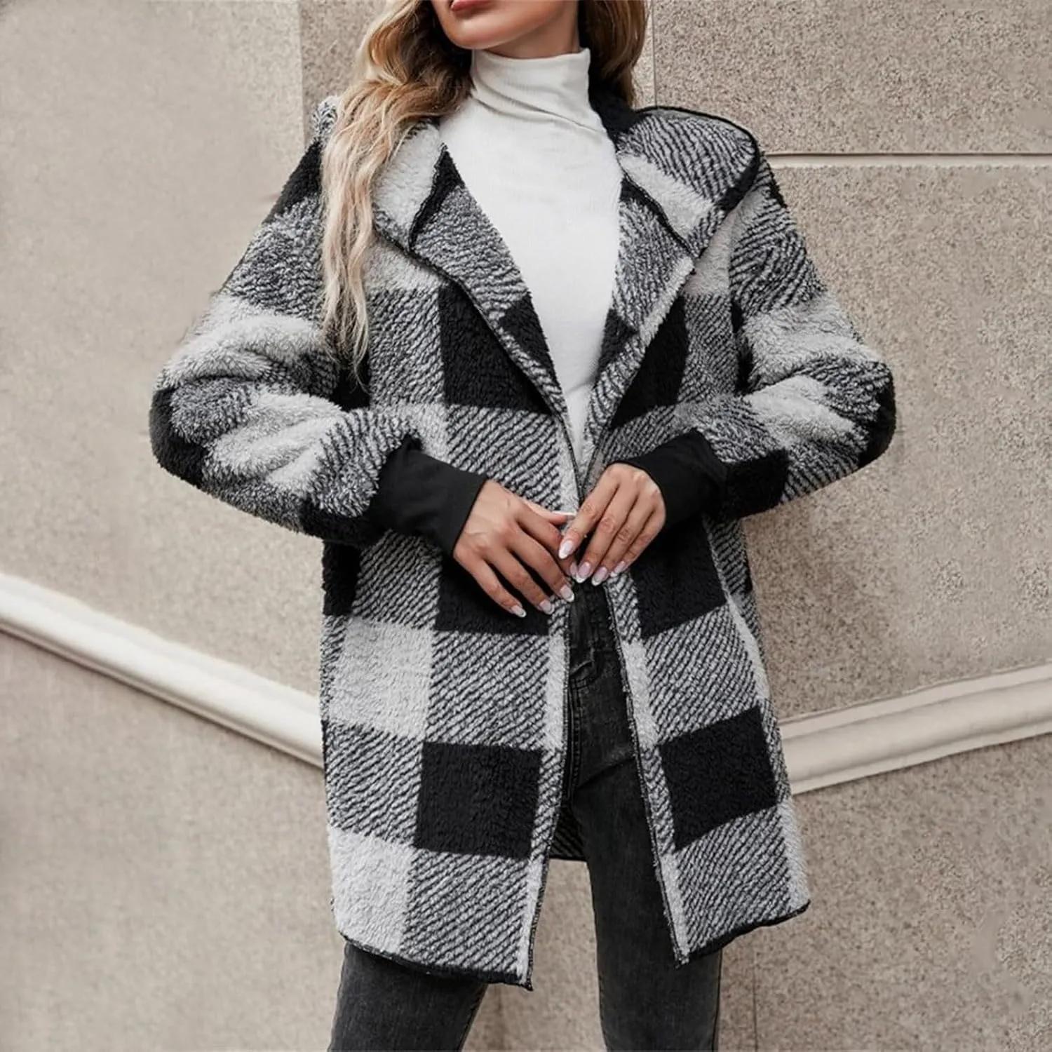 Womens Winter Coats Warm Plush Jackets Open Front Long Sleeve Cardigan Trendy Plaid Fuzzy Outerwear