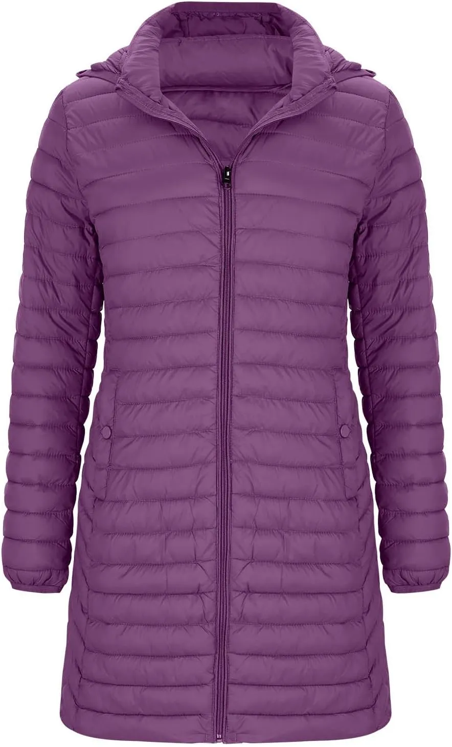 Womens Winter Long Puffer Jacket Lightweight Warm Slim Fit Stretchy Quilted Down Coat with Removable Hood Outerwear