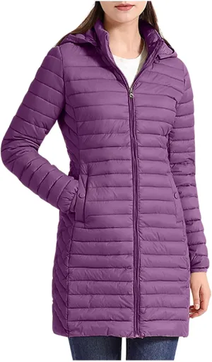 Womens Winter Long Puffer Jacket Lightweight Warm Slim Fit Stretchy Quilted Down Coat with Removable Hood Outerwear