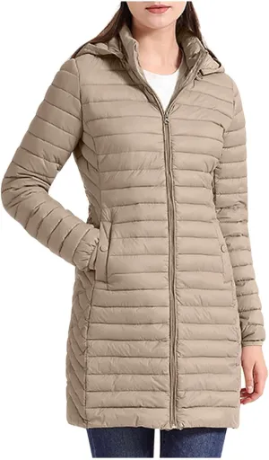 Womens Winter Long Puffer Jacket Lightweight Warm Slim Fit Stretchy Quilted Down Coat with Removable Hood Outerwear