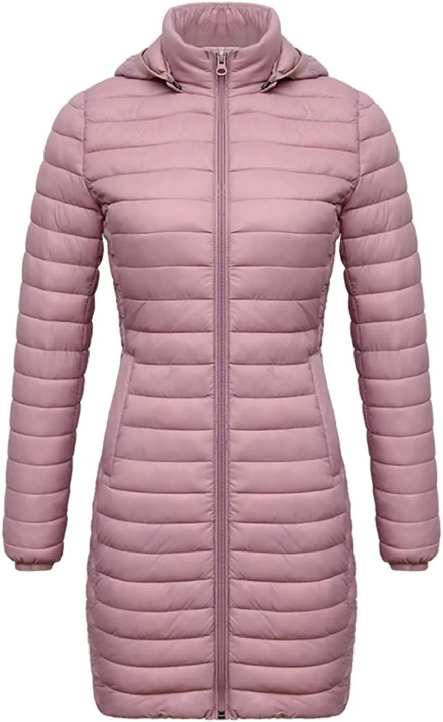 Womens Winter Long Puffer Jacket Lightweight Warm Slim Fit Stretchy Quilted Down Coat with Removable Hood Outerwear