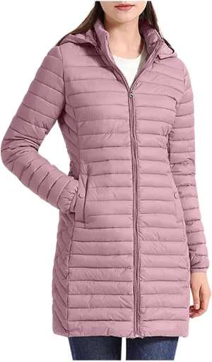 Womens Winter Long Puffer Jacket Lightweight Warm Slim Fit Stretchy Quilted Down Coat with Removable Hood Outerwear