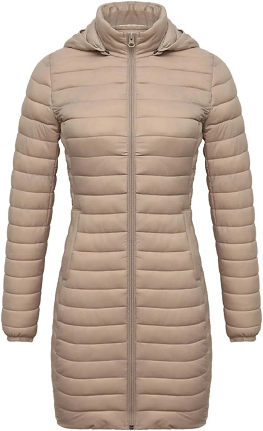 Womens Winter Long Puffer Jacket Lightweight Warm Slim Fit Stretchy Quilted Down Coat with Removable Hood Outerwear