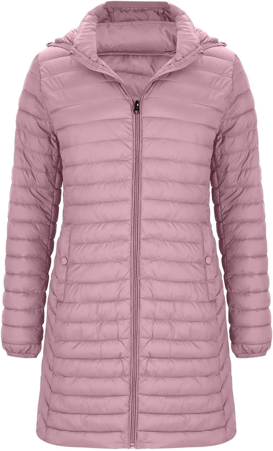 Womens Winter Long Puffer Jacket Lightweight Warm Slim Fit Stretchy Quilted Down Coat with Removable Hood Outerwear