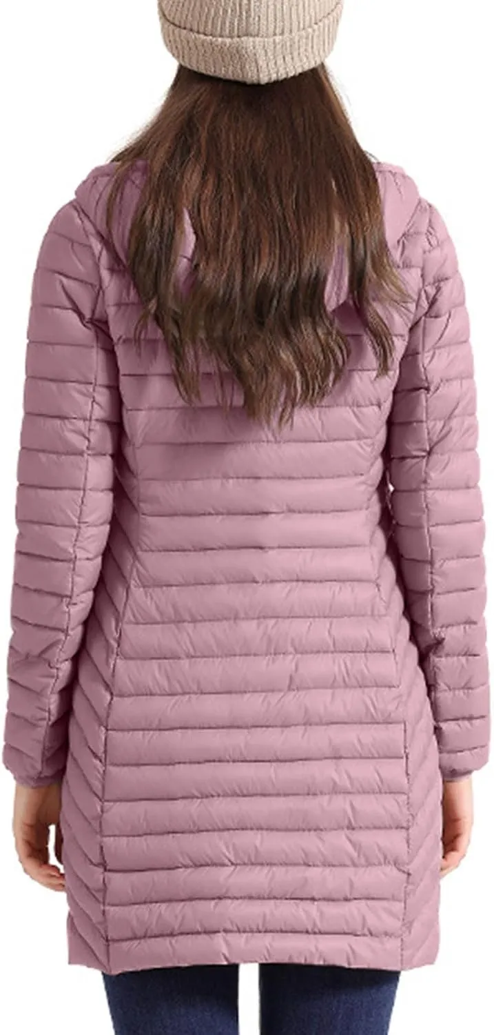 Womens Winter Long Puffer Jacket Lightweight Warm Slim Fit Stretchy Quilted Down Coat with Removable Hood Outerwear