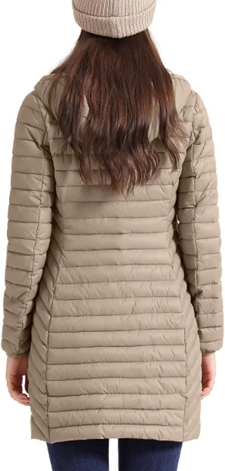 Womens Winter Long Puffer Jacket Lightweight Warm Slim Fit Stretchy Quilted Down Coat with Removable Hood Outerwear