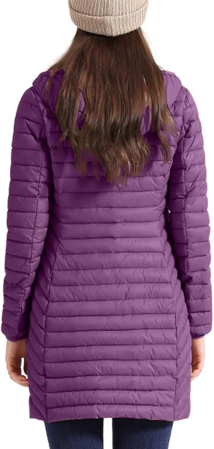 Womens Winter Long Puffer Jacket Lightweight Warm Slim Fit Stretchy Quilted Down Coat with Removable Hood Outerwear
