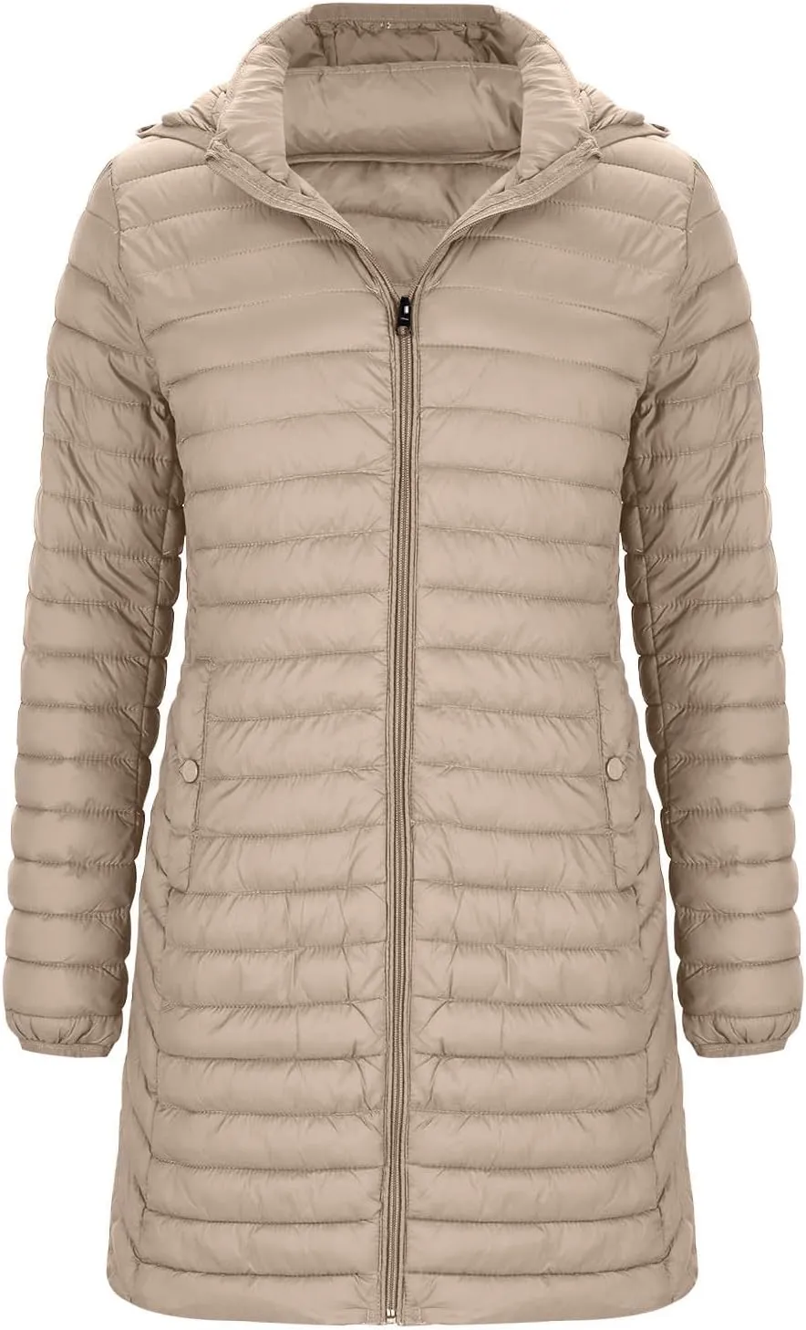 Womens Winter Long Puffer Jacket Lightweight Warm Slim Fit Stretchy Quilted Down Coat with Removable Hood Outerwear