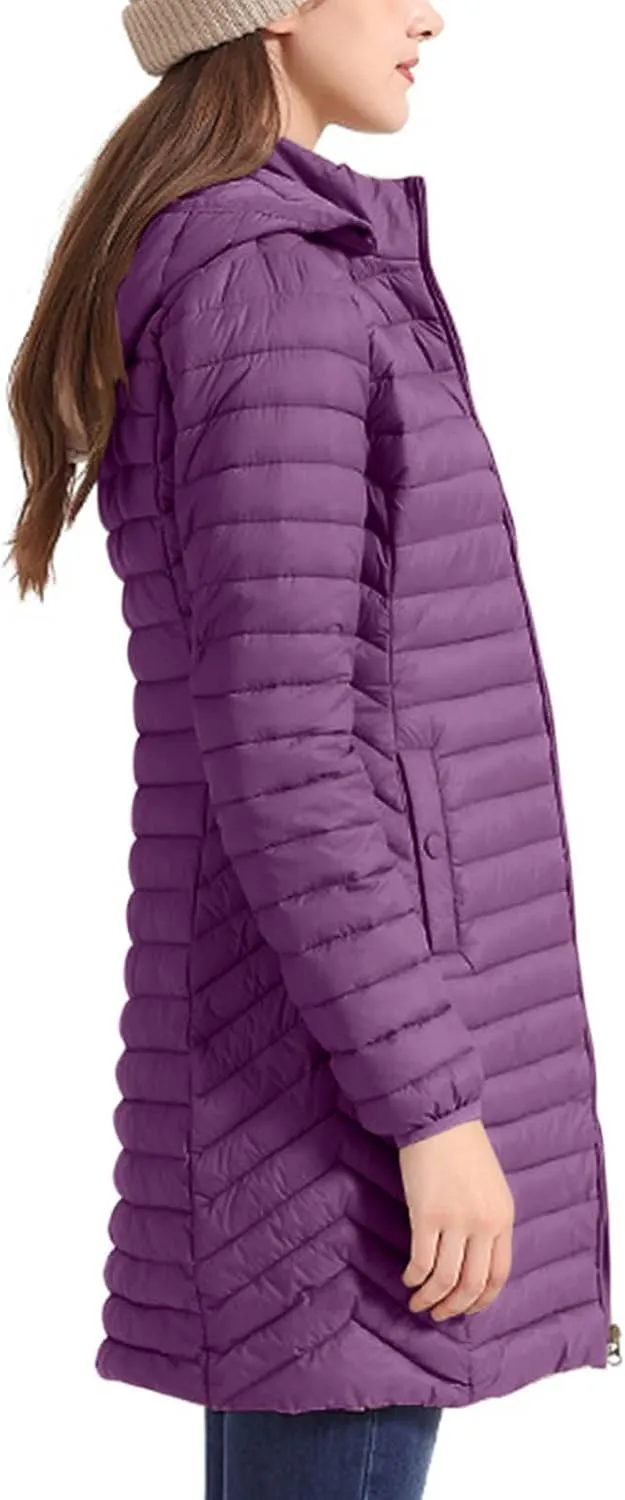 Womens Winter Long Puffer Jacket Lightweight Warm Slim Fit Stretchy Quilted Down Coat with Removable Hood Outerwear