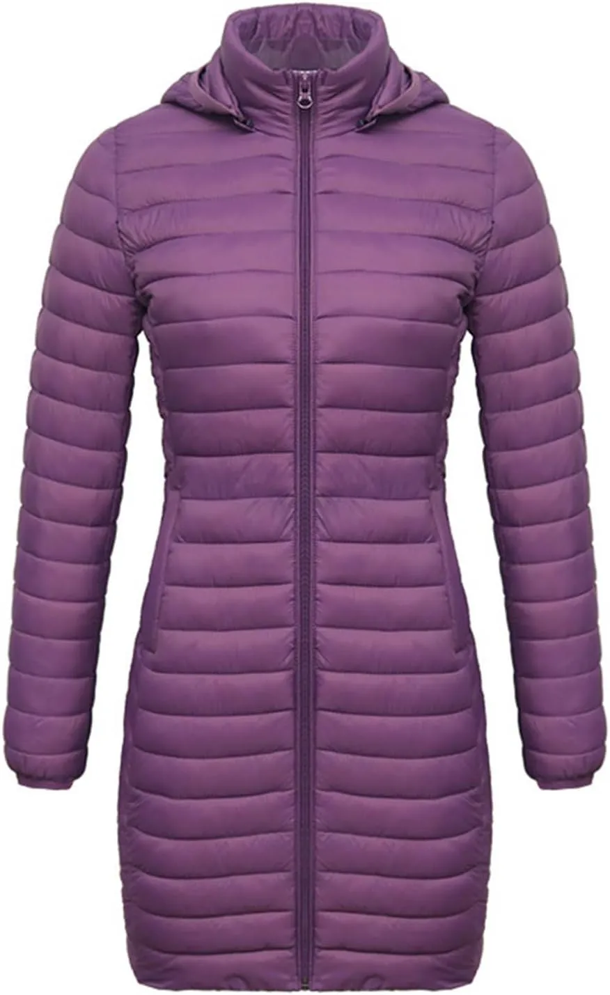 Womens Winter Long Puffer Jacket Lightweight Warm Slim Fit Stretchy Quilted Down Coat with Removable Hood Outerwear