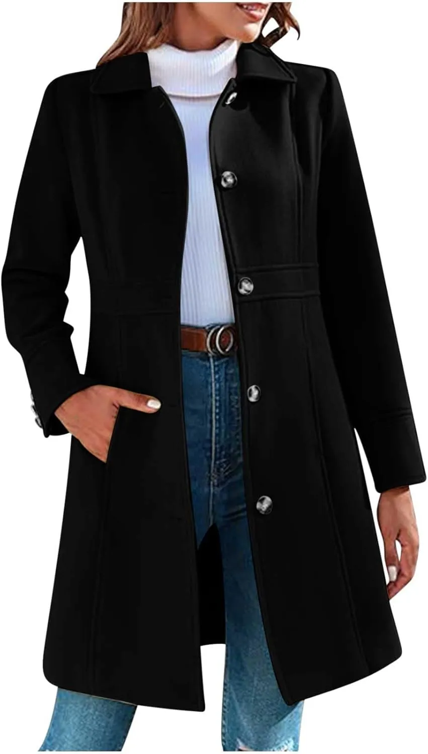 Women's Wool Blend Pea Coats Casual 2024 Lapel Collar Single Breasted Trench Coat Fall Winter Outerwear Mid Pea Coat