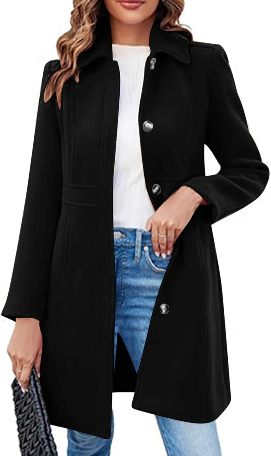 Women's Wool Blend Pea Coats Casual 2024 Lapel Collar Single Breasted Trench Coat Fall Winter Outerwear Mid Pea Coat