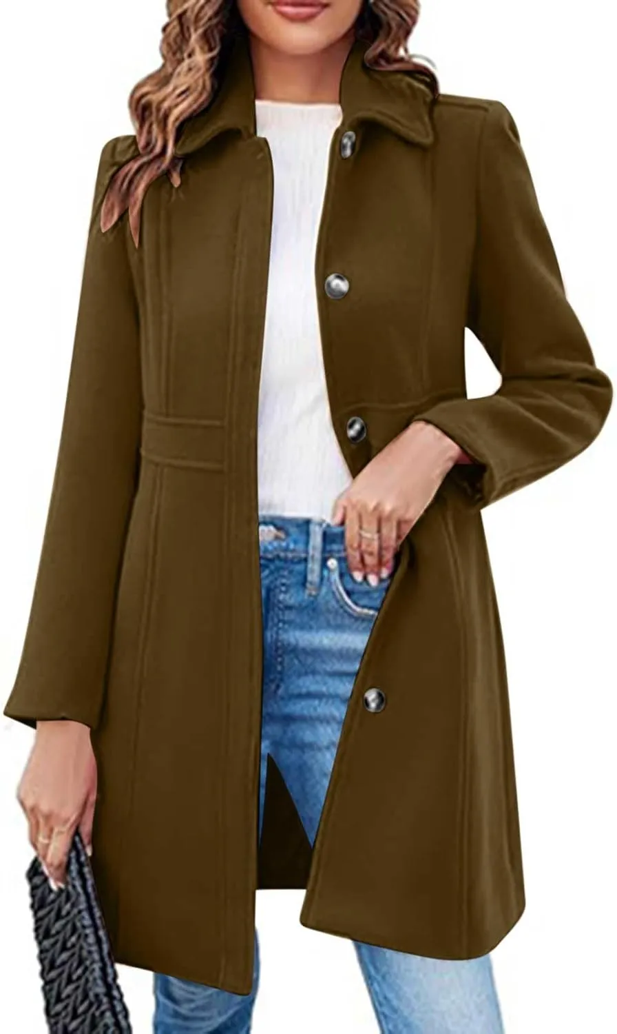 Women's Wool Blend Pea Coats Casual 2024 Lapel Collar Single Breasted Trench Coat Fall Winter Outerwear Mid Pea Coat