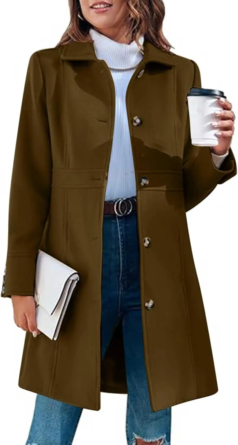 Women's Wool Blend Pea Coats Casual 2024 Lapel Collar Single Breasted Trench Coat Fall Winter Outerwear Mid Pea Coat