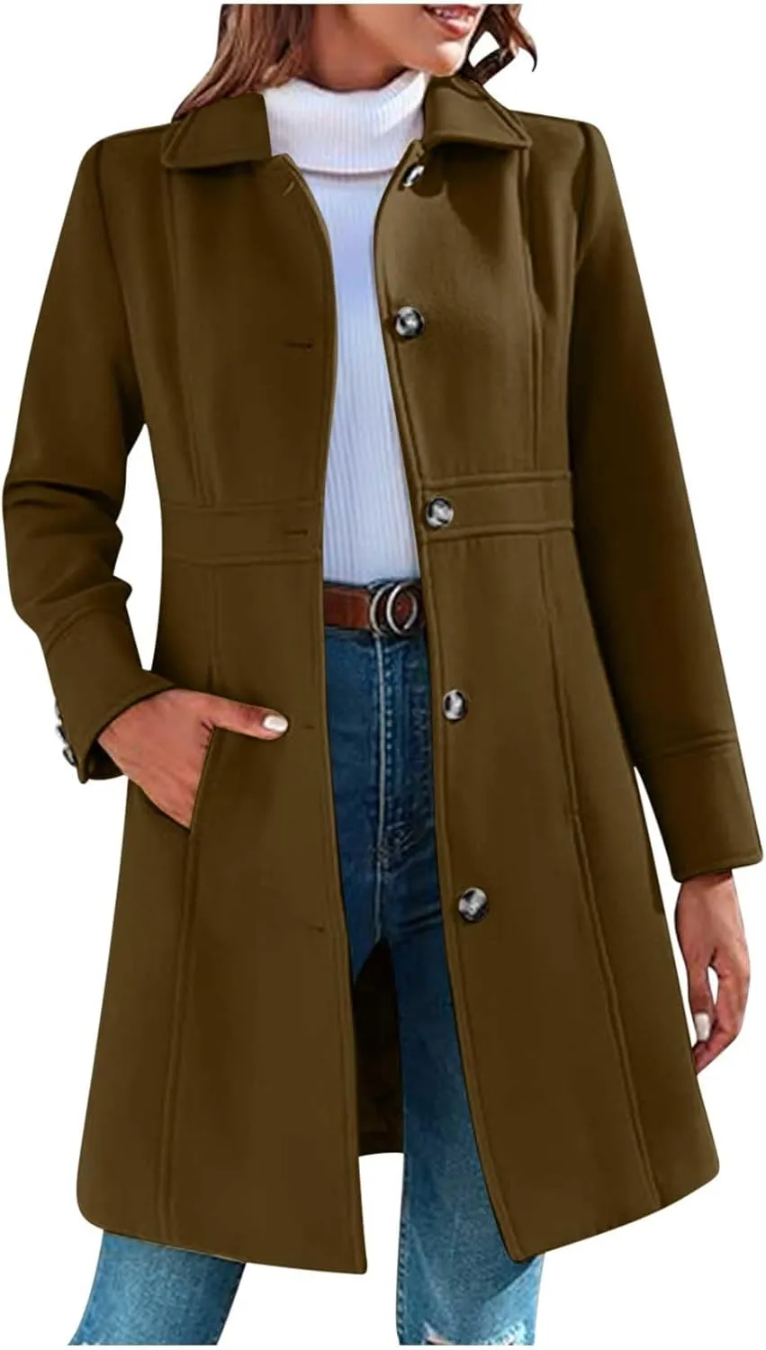 Women's Wool Blend Pea Coats Casual 2024 Lapel Collar Single Breasted Trench Coat Fall Winter Outerwear Mid Pea Coat
