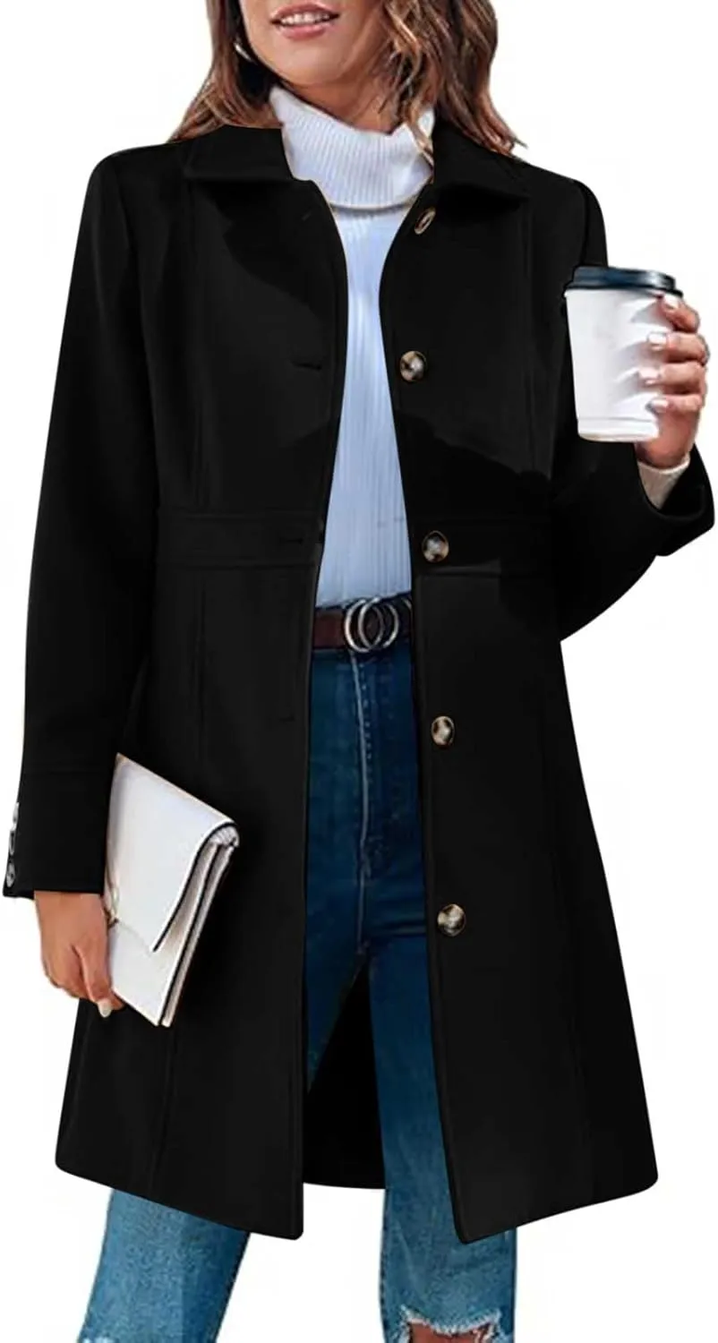 Women's Wool Blend Pea Coats Casual 2024 Lapel Collar Single Breasted Trench Coat Fall Winter Outerwear Mid Pea Coat