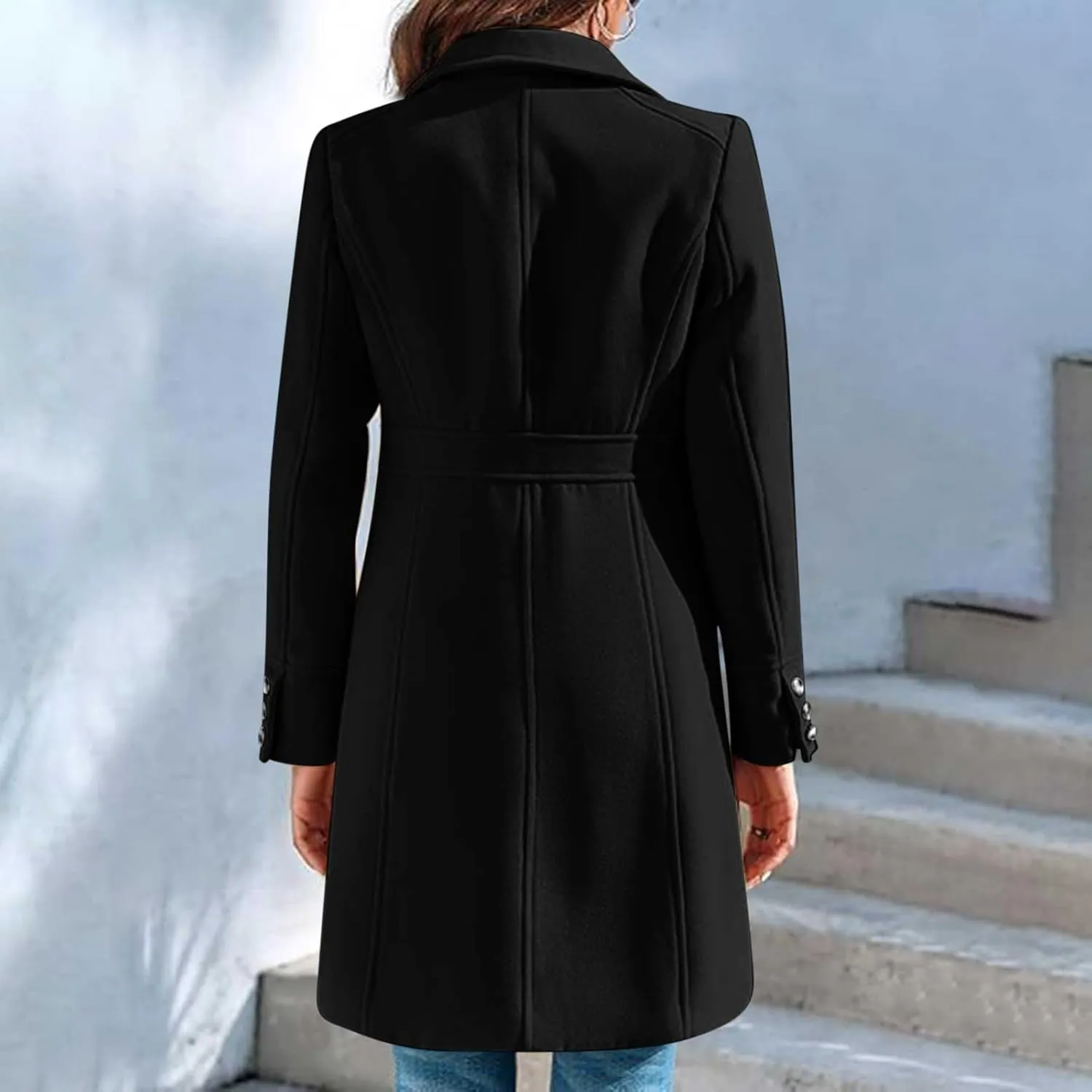 Women's Wool Blend Pea Coats Casual 2024 Lapel Collar Single Breasted Trench Coat Fall Winter Outerwear Mid Pea Coat