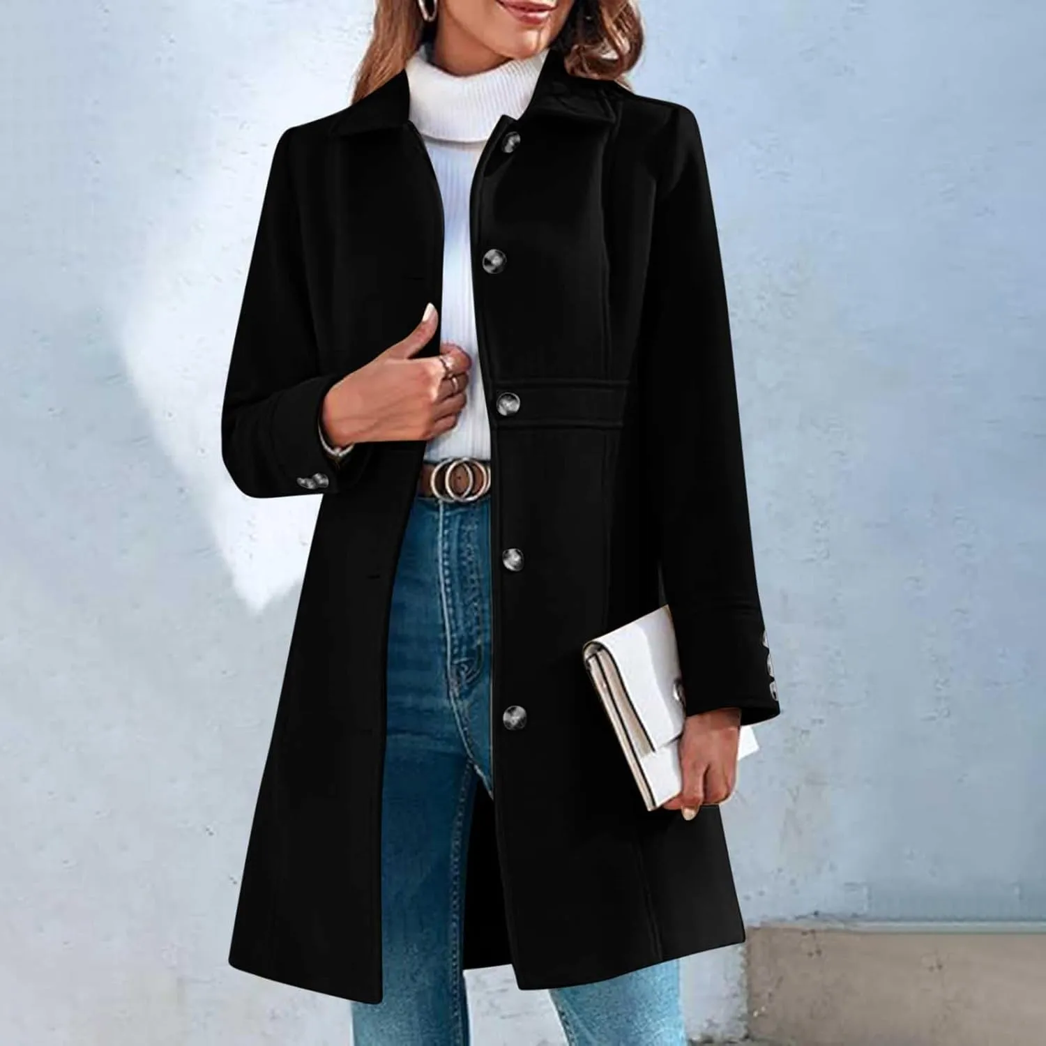 Women's Wool Blend Pea Coats Casual 2024 Lapel Collar Single Breasted Trench Coat Fall Winter Outerwear Mid Pea Coat