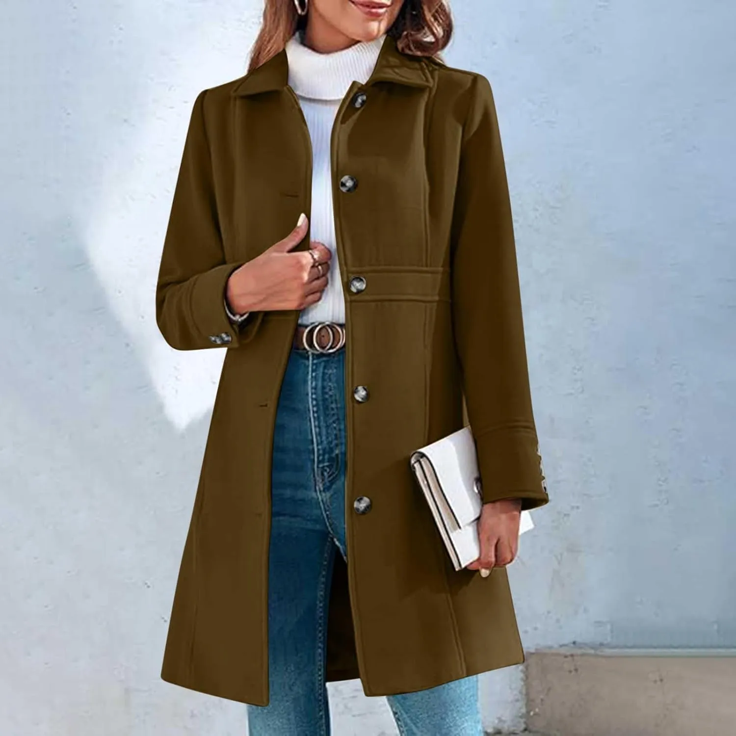 Women's Wool Blend Pea Coats Casual 2024 Lapel Collar Single Breasted Trench Coat Fall Winter Outerwear Mid Pea Coat