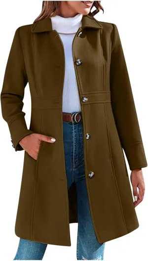 Women's Wool Blend Pea Coats Casual 2024 Lapel Collar Single Breasted Trench Coat Fall Winter Outerwear Mid Pea Coat