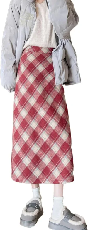 Women's Wool Pencil Skirt, High-Waisted, Retro Style, Fleece-Lined, Thickened, Plaid