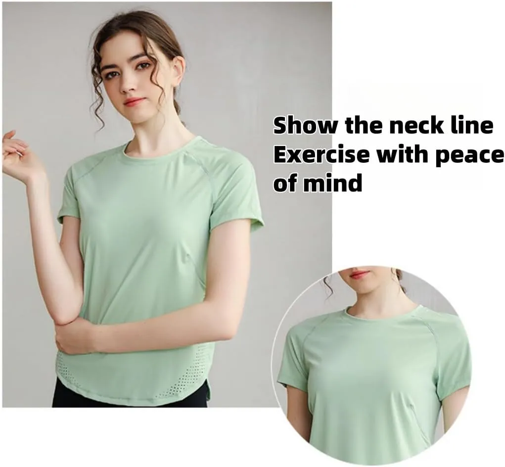 Women's Yoga T-Shirt Slim-Fit Quick-Dry Mesh Hem Workout Top,Stretchy Outdoor Running Shirt,S-XL