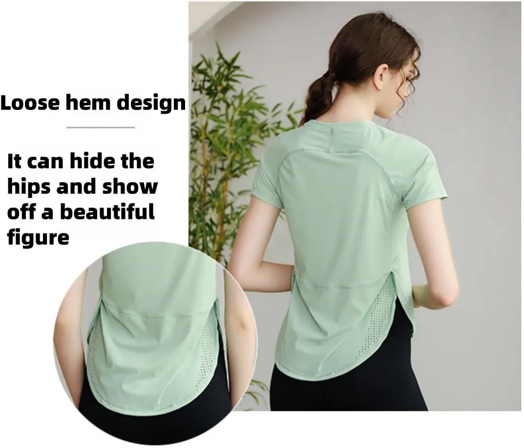 Women's Yoga T-Shirt Slim-Fit Quick-Dry Mesh Hem Workout Top,Stretchy Outdoor Running Shirt,S-XL