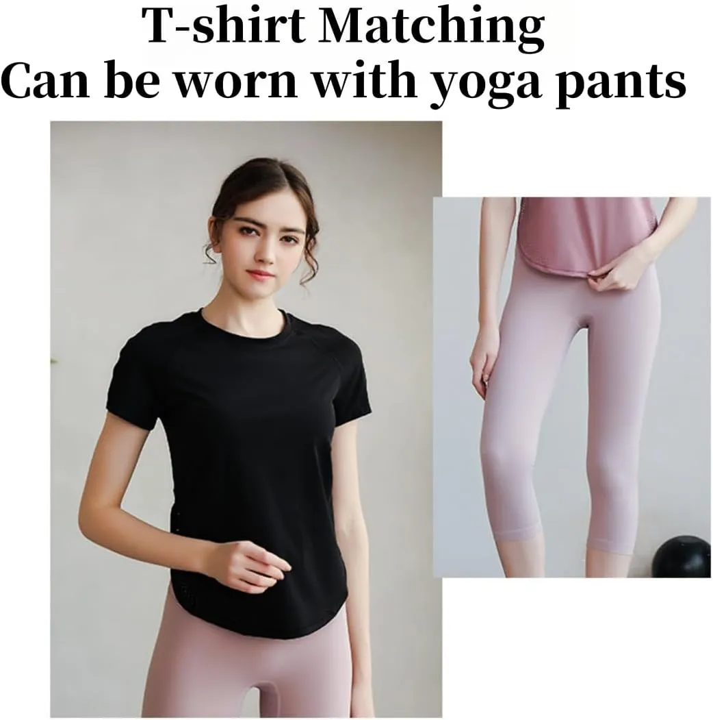 Women's Yoga T-Shirt Slim-Fit Quick-Dry Mesh Hem Workout Top,Stretchy Outdoor Running Shirt,S-XL