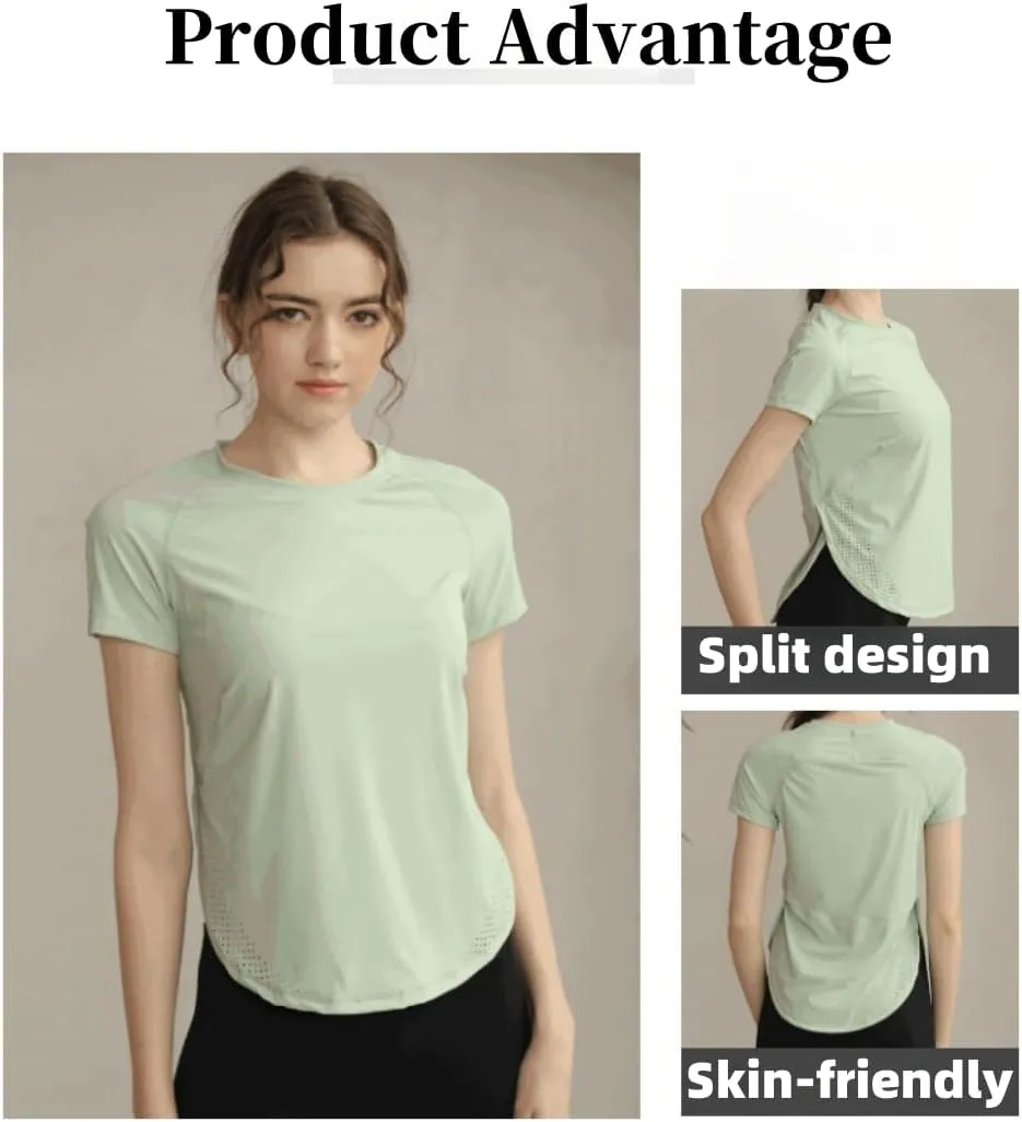 Women's Yoga T-Shirt Slim-Fit Quick-Dry Mesh Hem Workout Top,Stretchy Outdoor Running Shirt,S-XL