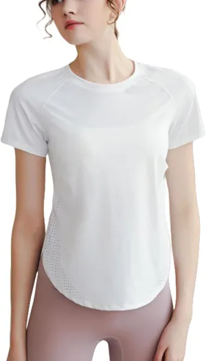 Women's Yoga T-Shirt Slim-Fit Quick-Dry Mesh Hem Workout Top,Stretchy Outdoor Running Shirt,S-XL