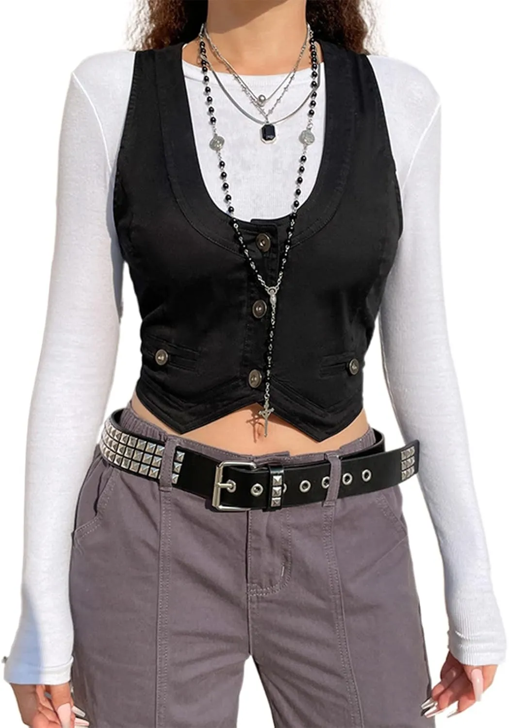 XBTCLXEBCO Women's Dressy Waistcoat Racerback Button Vest Jacket Vintage Steampunk Sleeveless Tuxedo Suit Vest Crop Tank Top
