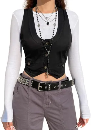 XBTCLXEBCO Women's Dressy Waistcoat Racerback Button Vest Jacket Vintage Steampunk Sleeveless Tuxedo Suit Vest Crop Tank Top