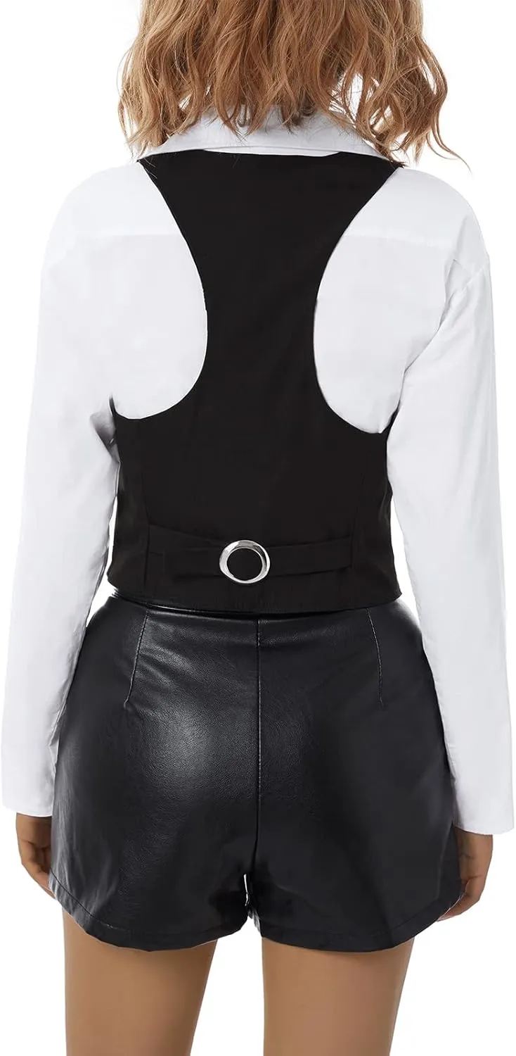 XBTCLXEBCO Women's Dressy Waistcoat Racerback Button Vest Jacket Vintage Steampunk Sleeveless Tuxedo Suit Vest Crop Tank Top