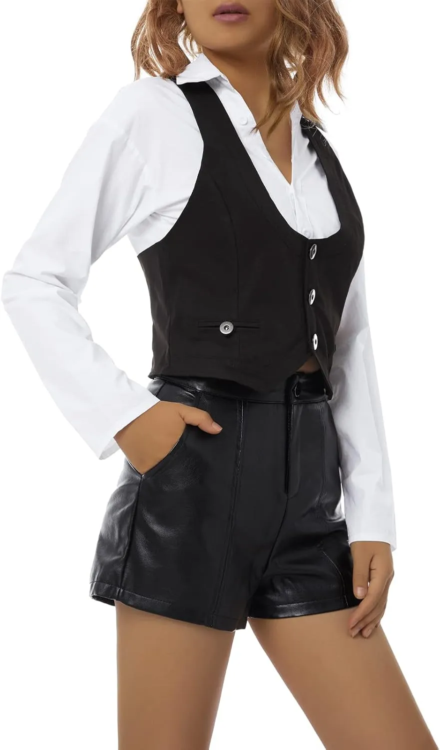 XBTCLXEBCO Women's Dressy Waistcoat Racerback Button Vest Jacket Vintage Steampunk Sleeveless Tuxedo Suit Vest Crop Tank Top
