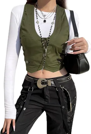 XBTCLXEBCO Women's Dressy Waistcoat Racerback Button Vest Jacket Vintage Steampunk Sleeveless Tuxedo Suit Vest Crop Tank Top