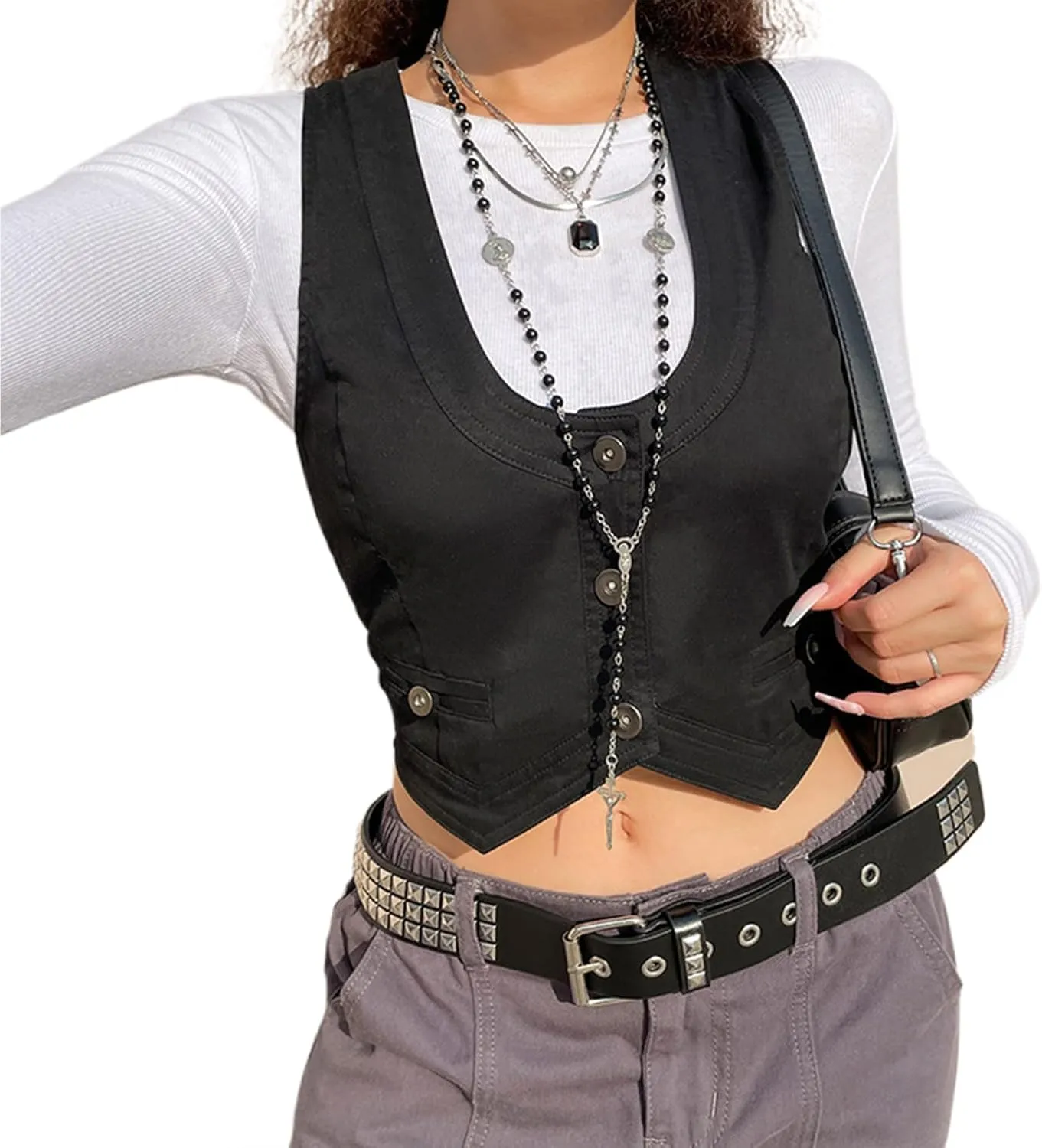 XBTCLXEBCO Women's Dressy Waistcoat Racerback Button Vest Jacket Vintage Steampunk Sleeveless Tuxedo Suit Vest Crop Tank Top