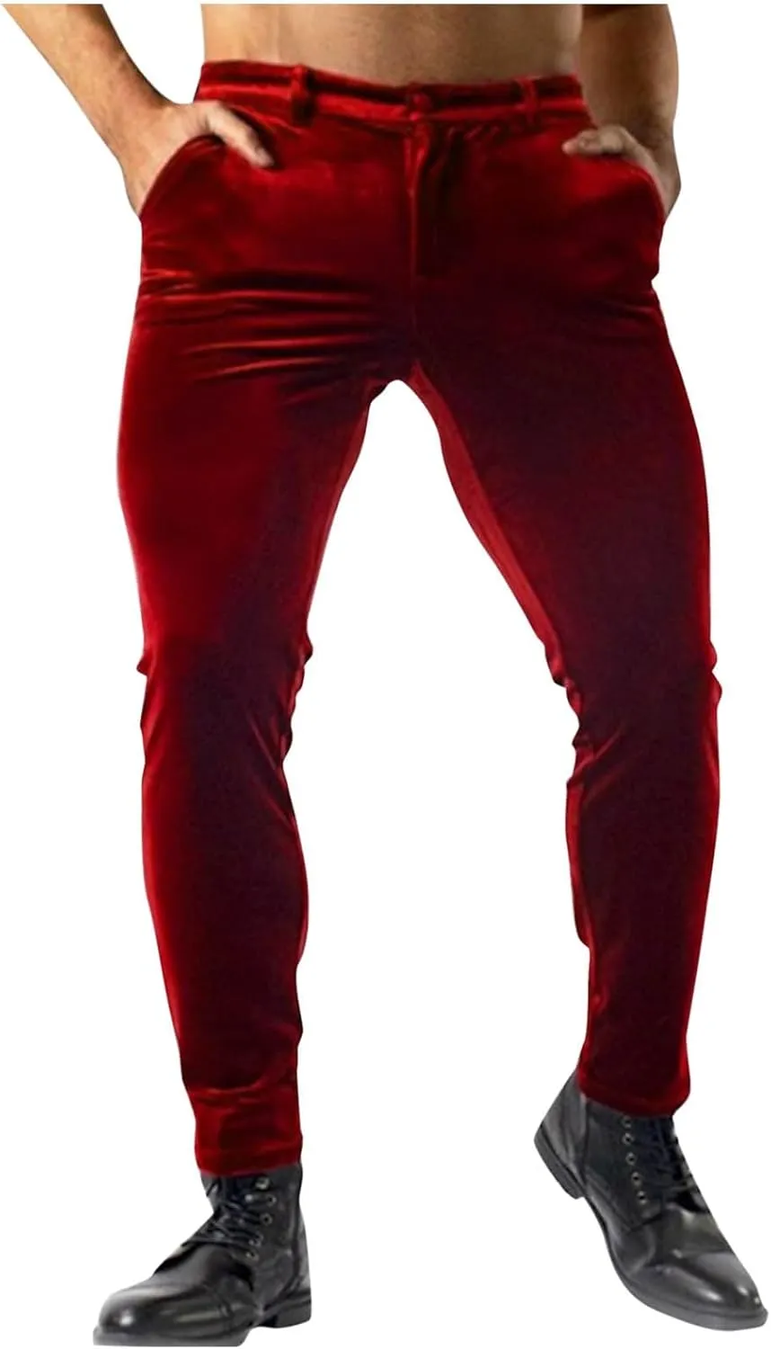 Xiaojmake Mens Soft Velvet Trousers Regular Fit Velvet Dress Pants Expandable Waist Flat Front Suit Pants for Wedding Dinner