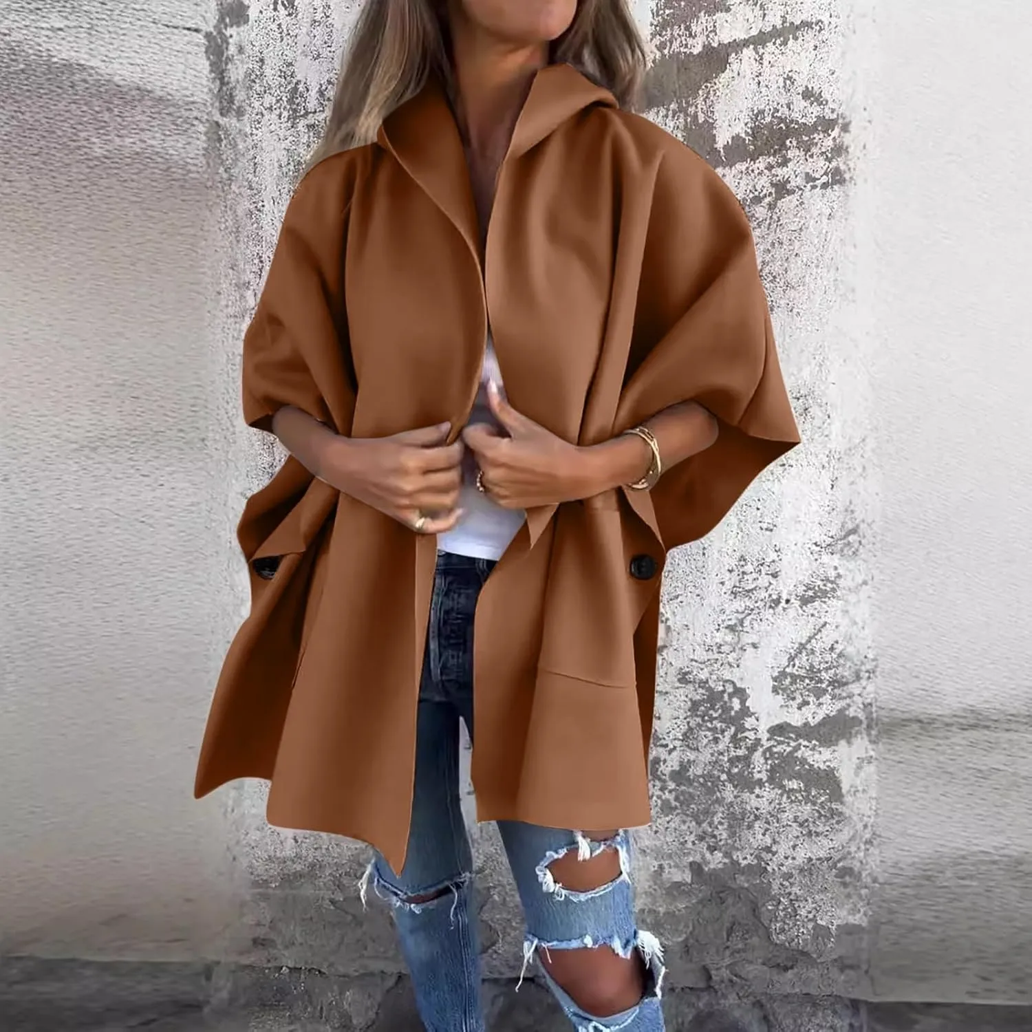 XOWRTE Women's Half Sleeve Poncho Single Breasted Winter Casual Lightweight Cape Cloak Coat Waterproof Lapel Fashions Jacket