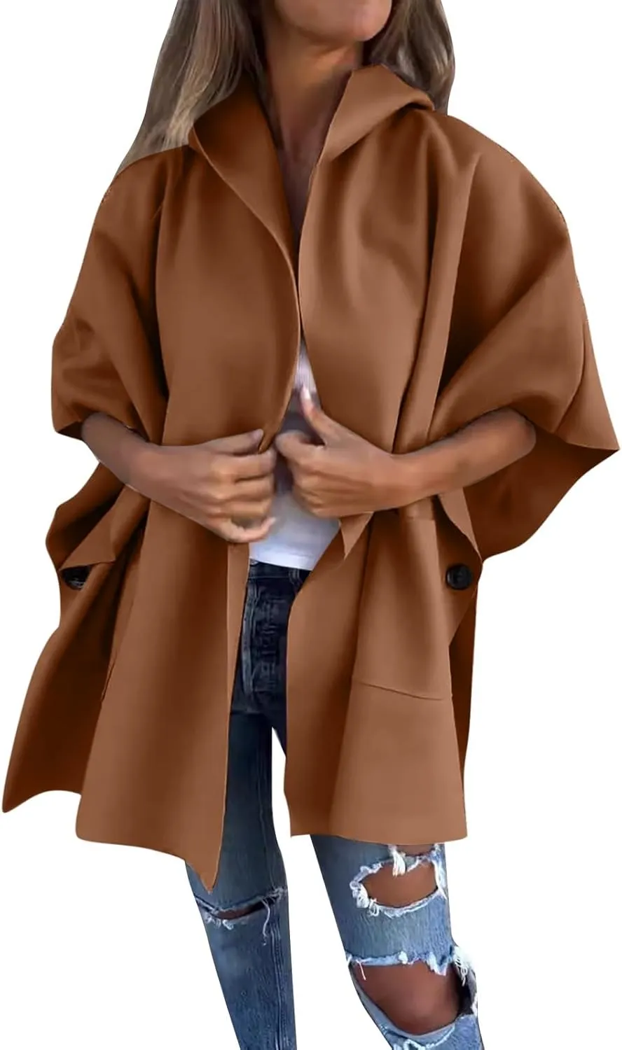 XOWRTE Women's Half Sleeve Poncho Single Breasted Winter Casual Lightweight Cape Cloak Coat Waterproof Lapel Fashions Jacket